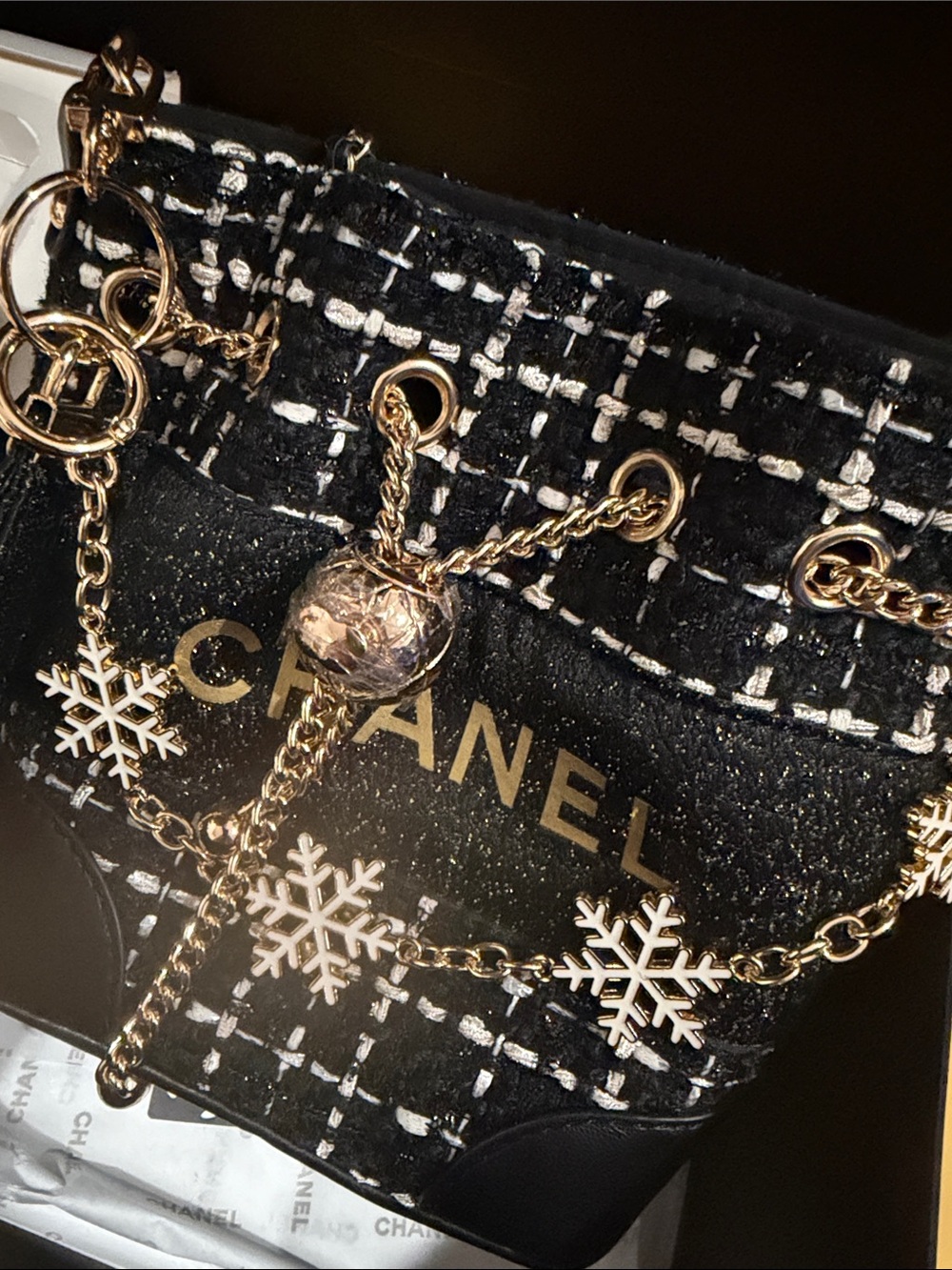 GWP-Chanel Black Tweed Snowflake Charm Bucket Bag